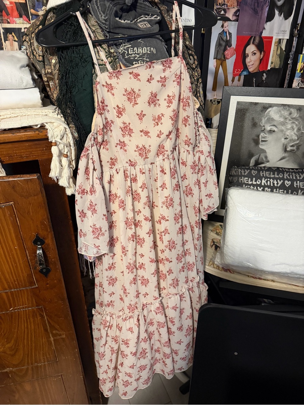 Joyfolie Cream Maxi Dress with Red Floral Motif